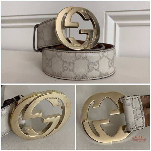 Authentic Gucci Cream Guccissima Leather Gold Interlocking G Buckle Belt 85/34 - Picture 2 of 13